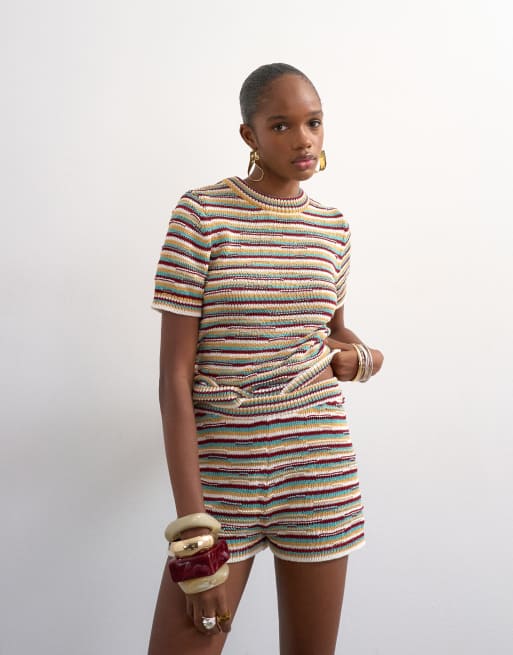 Topshop - Pantaloncini micro in maglia a righe multicolore in coordinato