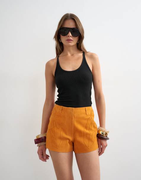 Topshop - Pantaloncini micro in vero camoscio arancione con toppe - view 1