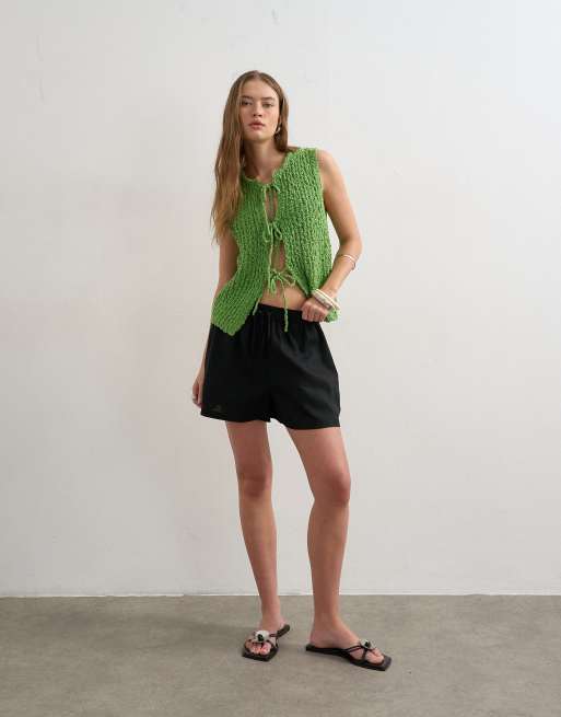 Topshop - Pantaloncini neri in lino taglio svasato
