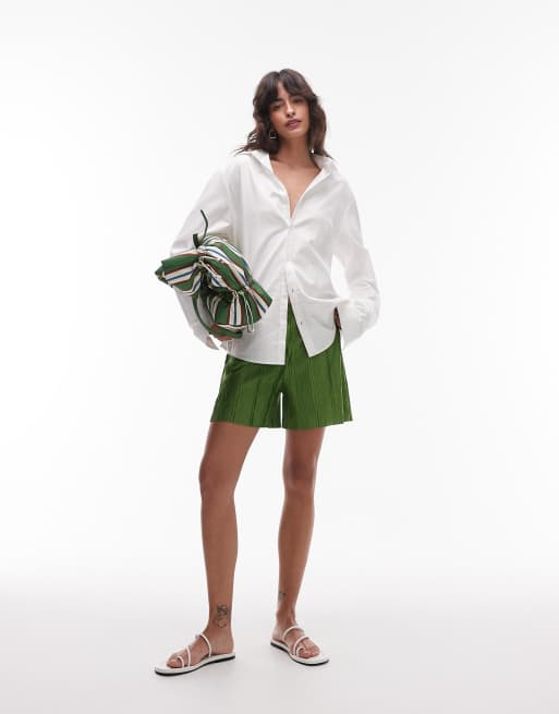 Topshop - Pantaloncini plissé a fondo ampio verde oliva, 5 di 5