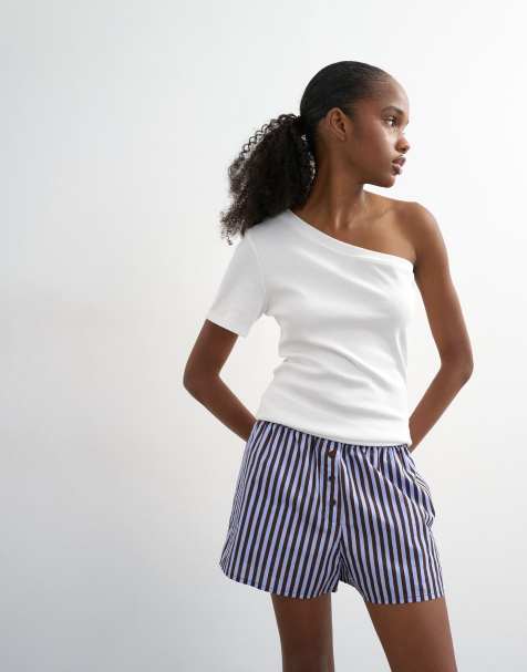 Topshop - Pantaloncini stile boxer svasati in popeline blu e cioccolato a righe - view 1