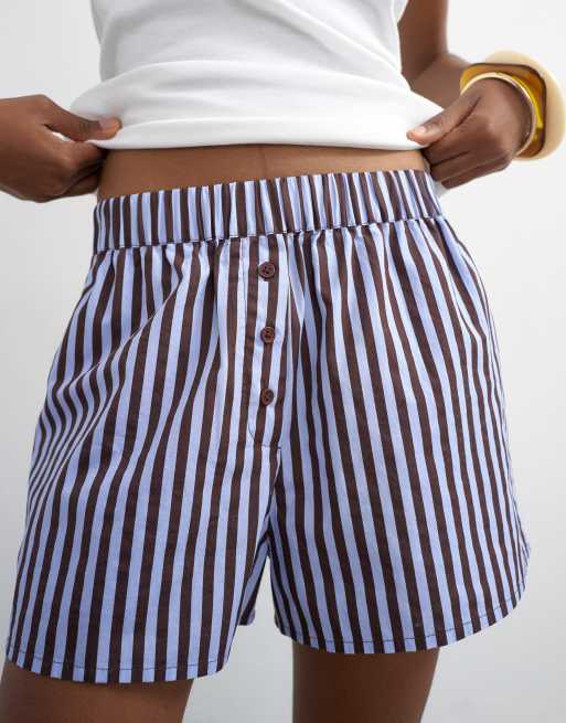 Topshop - Pantaloncini stile boxer svasati in popeline blu e cioccolato a righe, 3 di 5