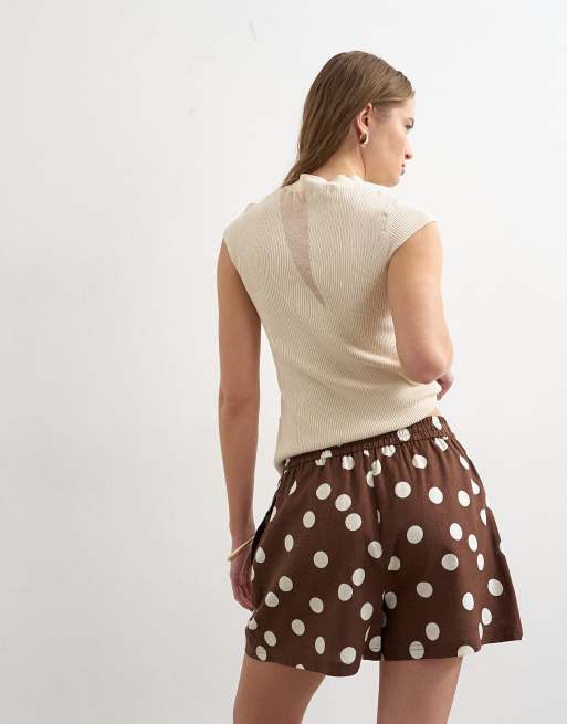 Topshop - Pantaloncini svasati in lino marroni a pois, 5 di 5