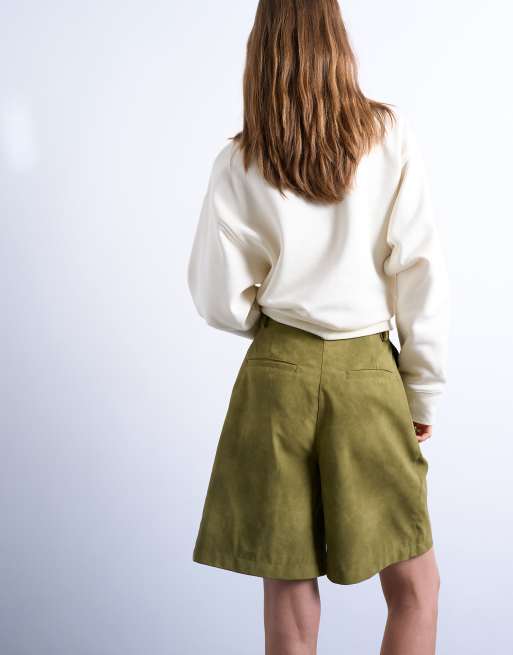 Topshop - Pantaloncini taglio lungo in camoscio sintetico verdi, 3 di 5