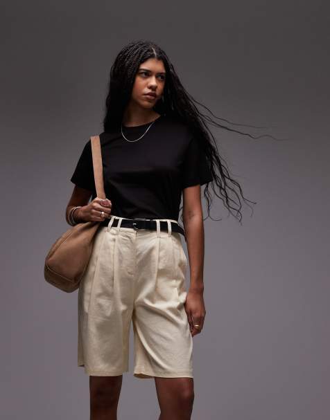Topshop - Pantaloncini taglio lungo in lino tonalità neutra - view 1