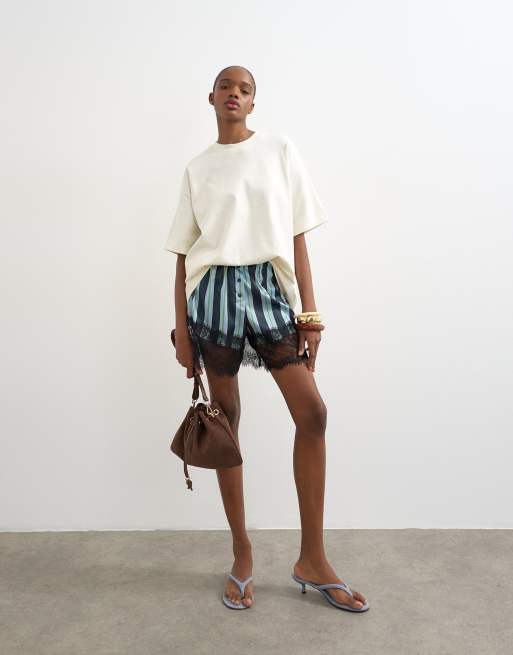 Topshop - Pantalones cortos a rayas estilo bóxer de nailon y encaje, 3 de 5