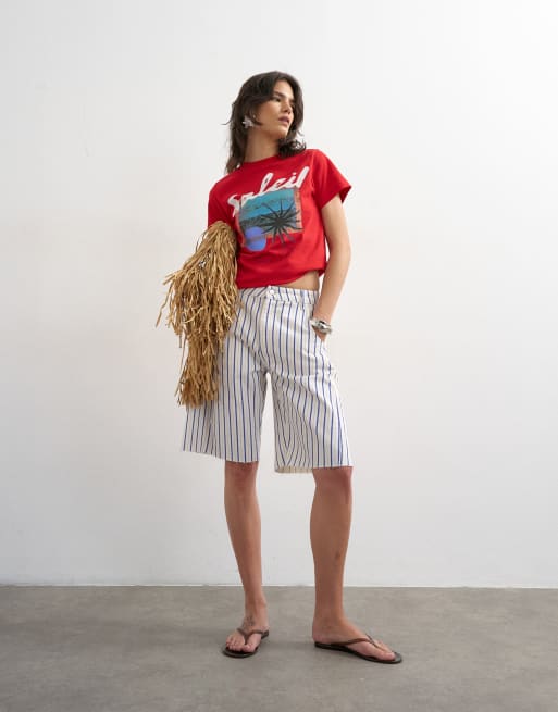 Topshop - Pantalones cortos vaqueros a rayas azules de corte barrel
