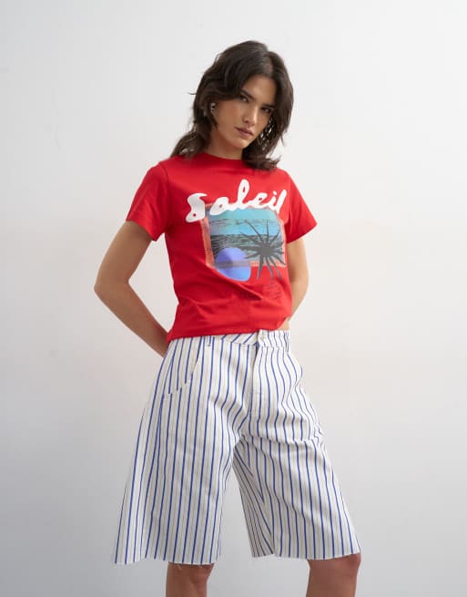 Topshop - Pantalones cortos vaqueros a rayas azules de corte barrel, 2 de 5
