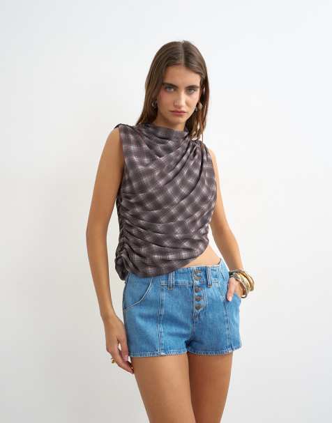 Topshop - pantalones cortos vaqueros con cierre de botones en azul medio - view 1