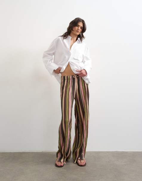 Topshop - Pantalones rosas a rayas de pernera ancha con lazada en la cintura de tejido rugoso - view 1