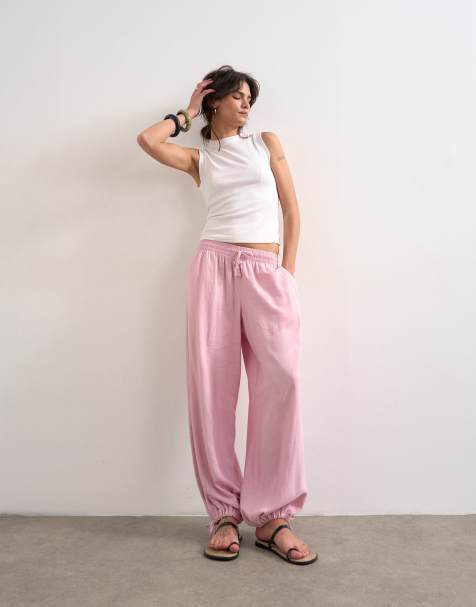 Topshop - Pantalones rosas de corte bombacho con cinturilla elástica de lino - view 1