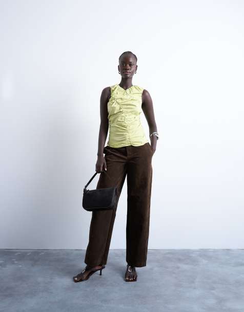 Topshop - Pantaloni a fondo ampio in camoscio sintetico marrone con cuciture - view 1