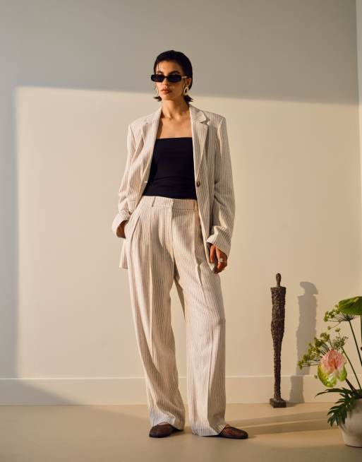 Topshop - Pantaloni a fondo ampio in lino color panna a righe in coordinato