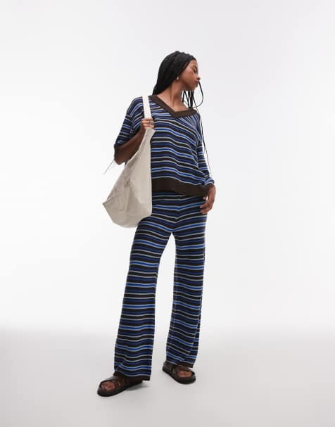 Topshop - Pantaloni a fondo ampio in maglia blu a righe in coordinato - view 1