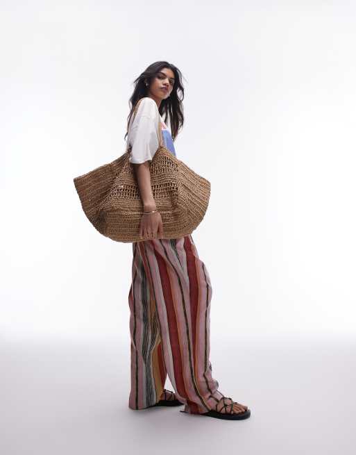 Topshop - Pantaloni a fondo ampio in misto lino a righe multicolore