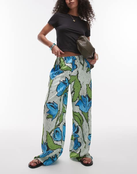 Topshop - Pantaloni a fondo ampio in raso con stampa floreale verde e blu - view 1