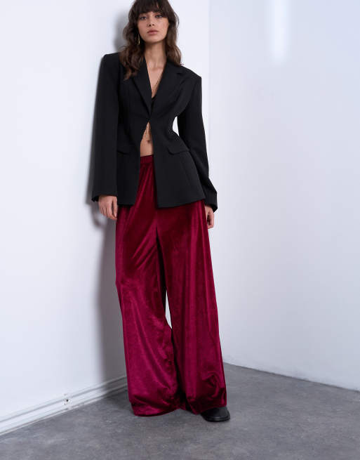 Topshop - Pantaloni a fondo ampio in velluto bordeaux, 2 di 5