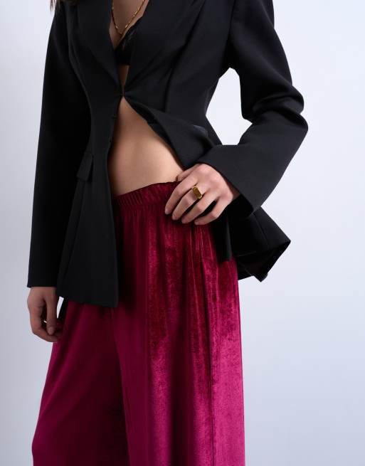 Topshop - Pantaloni a fondo ampio in velluto bordeaux, 4 di 5