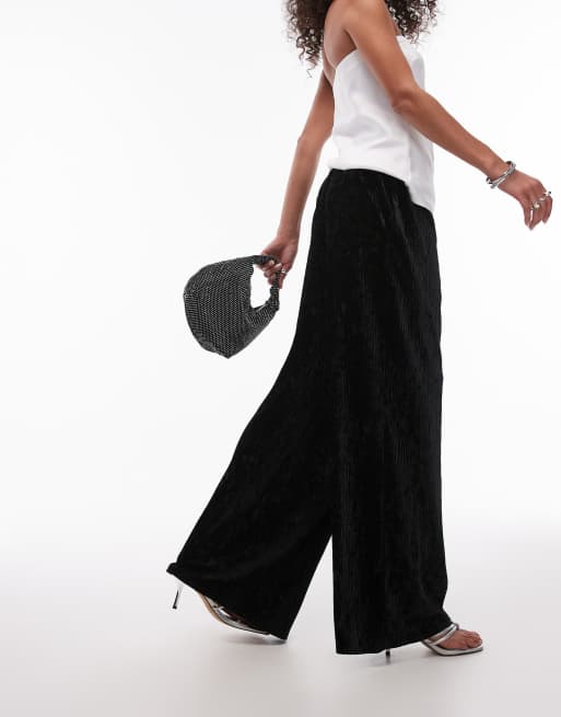 Topshop - Pantaloni a fondo ampio neri in velluto stropicciato con fascia in vita skinny