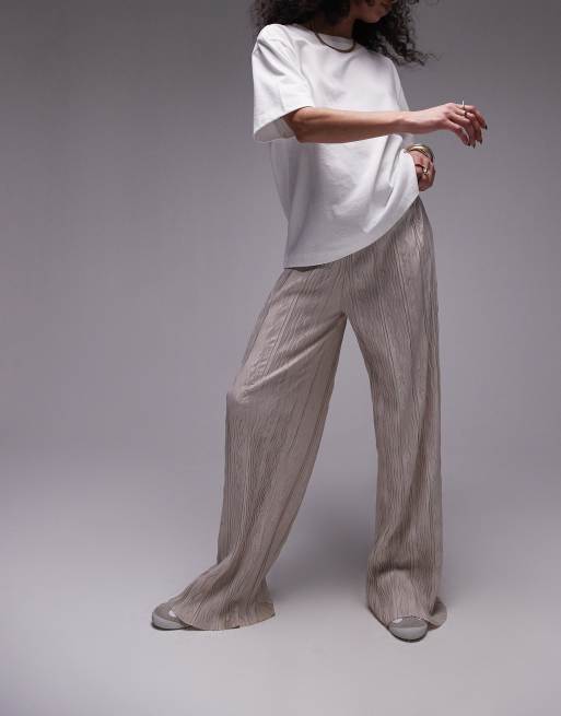 Topshop - Pantaloni a fondo ampio stropicciati plissé color pietra