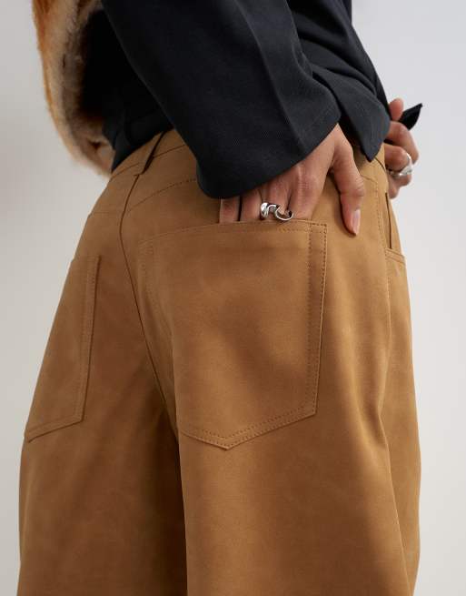 Topshop pantaloni a gamba bombata in camoscio sintetico color cuoio, 5 di 5