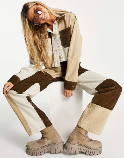 Topshop - Pantaloni a gamba dritta a vita alta in velluto patchwork kaki ed écru in coordinato
