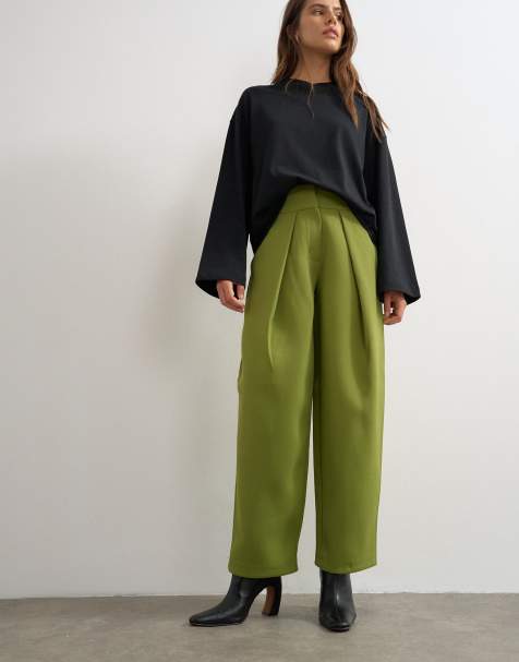 Topshop pantaloni a gamba larga con piega davanti verde oliva - view 1