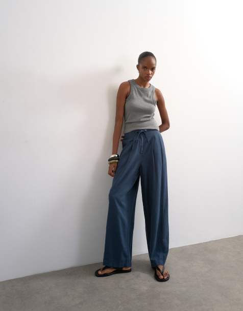 Topshop - Pantaloni a palloncino in lino color ardesia allacciati in vita - view 1