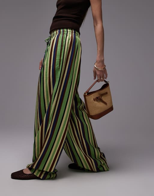 Topshop - Pantaloni a palloncino in lino verde con righe multicolore