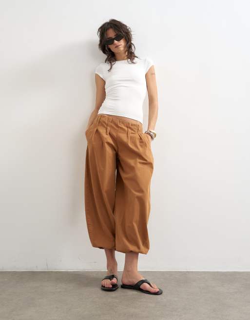 Topshop - Pantaloni a palloncino in popeline color cuoio