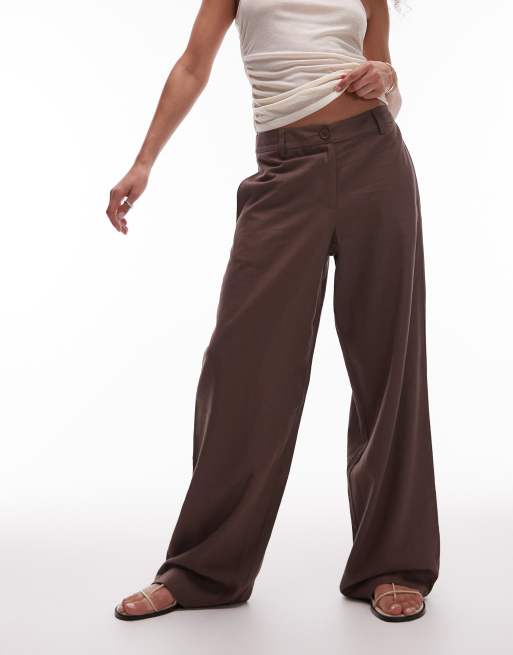 Topshop - Pantaloni a vita bassa in lino color cioccolato