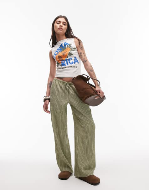Topshop - Pantaloni a vita bassa stropicciati e allacciati in vita con fondo ampio verdi a righe - view 1