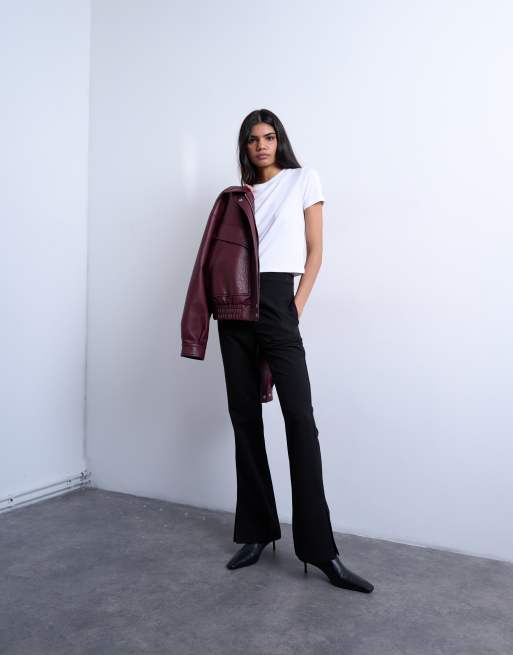 Topshop - Pantaloni a zampa a vita alta neri con spacco sul fondo