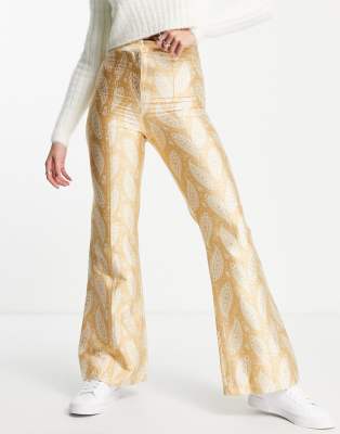 Topshop paisley jacquard kickflare pants in gold - ASOS Price Checker