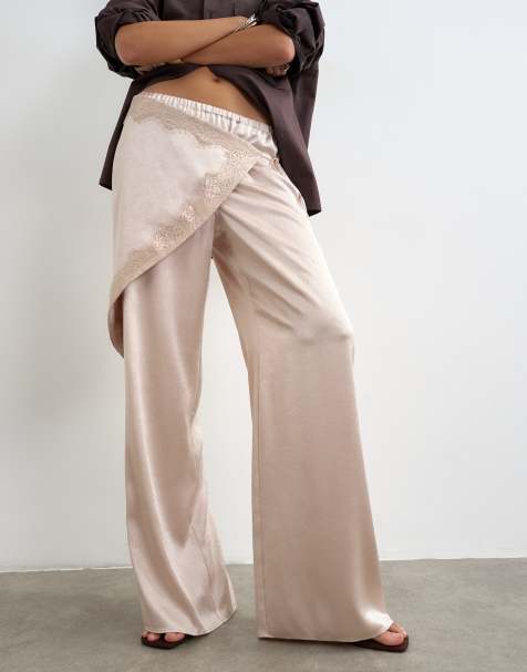 Topshop pantaloni avvolgenti in raso con dettagli in pizzo color oyster - view 1