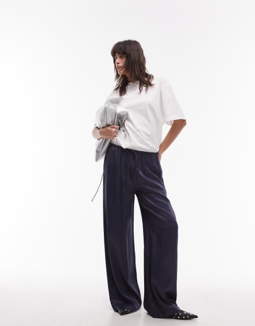 Topshop - Pantaloni blu navy in raso con coulisse