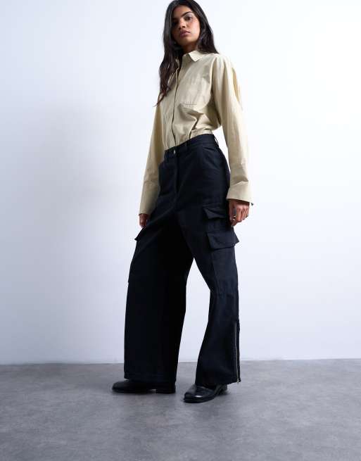 Topshop - Pantaloni cargo a vita medio alta neri, 2 di 5