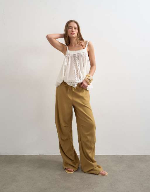Topshop - Pantaloni cargo in lino color cuoio