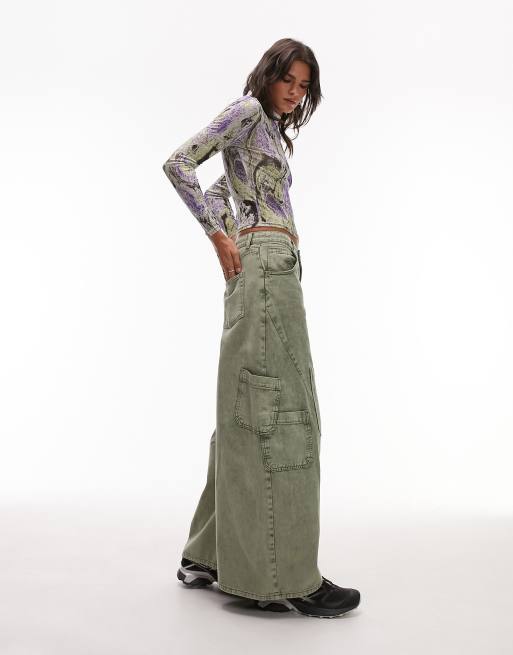 Topshop - Pantaloni cargo stile skater a fondo super ampio color kaki slavato