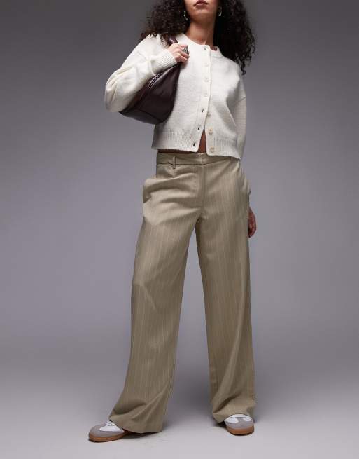 Topshop - Pantaloni color sabbia a righe con cavallo basso