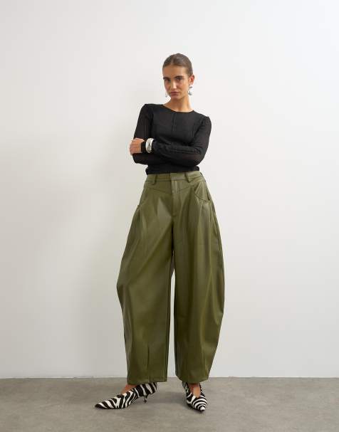 Topshop pantaloni con dettaglio carré in pelle sintetica, gamba bombata, khaki - view 1