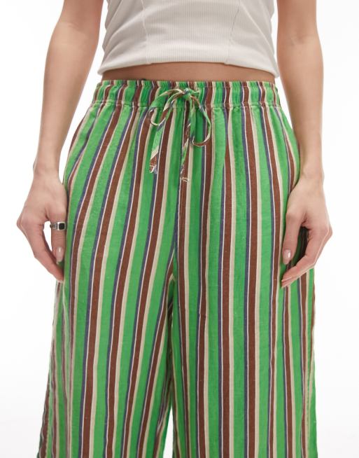 Topshop - Pantaloni con fondo ampio in lino verde a righe, 2 di 4