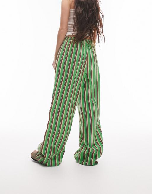 Topshop - Pantaloni con fondo ampio in lino verde a righe, 3 di 4