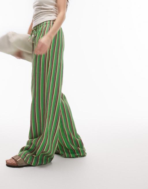 Topshop - Pantaloni con fondo ampio in lino verde a righe, 4 di 4