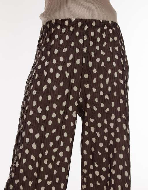Topshop - Pantaloni con fondo ampio marroni a pois plissé, 3 di 5