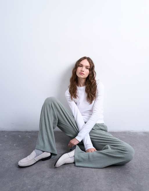 Topshop - Pantaloni con fondo ampio verde salvia a coste, 3 di 5