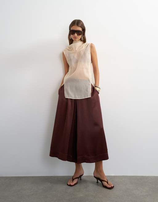 Topshop - Pantaloni culotte in raso color cioccolato