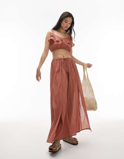 Topshop - Pantaloni da mare color ruggine con spacco sulla gamba in coordinato