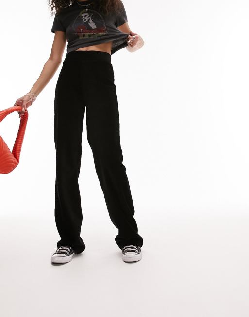 Topshop - Pantaloni dritti a coste in tessuto spazzolato nero