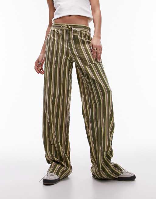 Topshop - Pantaloni dritti a vita bassa in lino a righe multicolore con coulisse